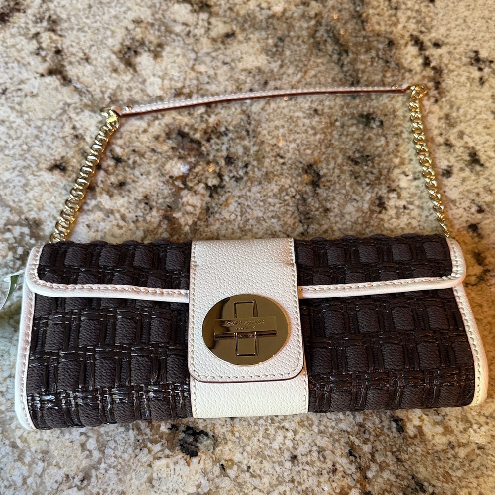 Kate Spade medium Ava Riviera Drive Chocolate Woven Clutch, NEW with tags
